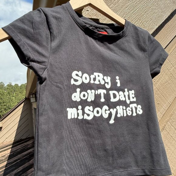 NWOT CHNGE "Sorry I Don't Date Misogynitst" Black Cropped T-Shirt XXS - Picture 5 of 9